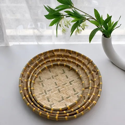 Ensemble de Paniers à Vanner Ronds Tissés en Bambou Naturel Plateau de Séchage des Aliments Panier de Rangement