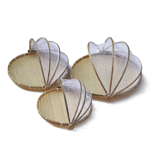 Panier de Rangement Rustique en Bambou Tissé avec Housse en Maille Panier Rond Artisanal pour Séchage des Aliments Organisateur de Cuisine