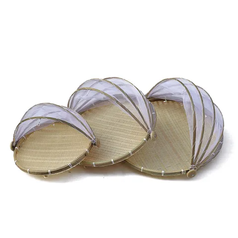Panier de Rangement Rustique en Bambou Tissé avec Housse en Maille Panier Rond Artisanal pour Séchage des Aliments Organisateur de Cuisine