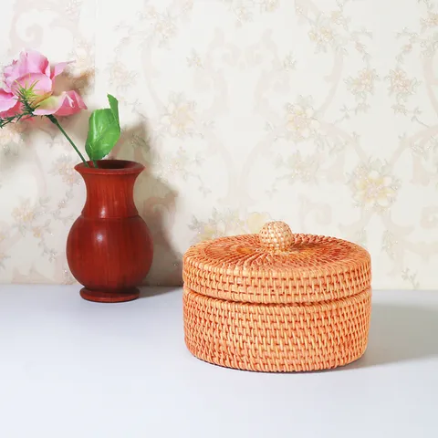 Natural Rattan Woven Storage Box With Lid Handmade Desktop Sundries Storage Container Small Fruit Nut Basket Home Decor