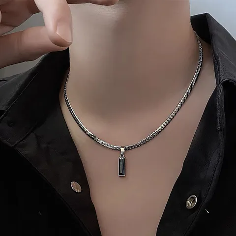 Handmade Stainless Steel Black Zirconia Pendant Necklace For Men Hip Hop Chic Embossed Clavicle Chain Geometric Jewelry Gift