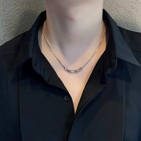 Minimalist Titanium Steel Bamboo Joint Necklace For Men Punk Polished Snake Chain Pendant Clavicle Chain Choker Everyday Casual Necklaces Gift