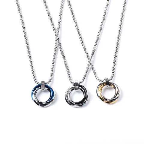 Titanium Steel Interlocked Three Ring Pendant Necklace For Men Women Hip Hop Polished Rhinestone Geometric Jewelry Trendy Neckpiece