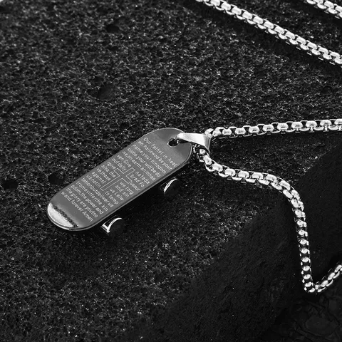 Hip Hop Titanium Steel Skateboard Pendant Necklace For Men Women Engraved Lord Prayer Cross Pendant Punk Jewelry Gift