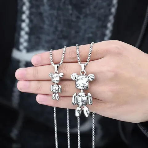 Hip Hop Titanium Steel Letter Print Bear Pendant Necklace Streetwear Alloy Animal Charm Pearl Chain Sweater Necklace For Unisex