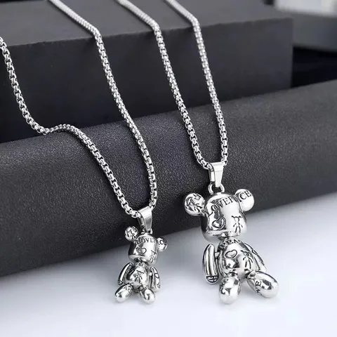 Hip Hop Titanium Steel Letter Print Bear Pendant Necklace Streetwear Alloy Animal Charm Pearl Chain Sweater Necklace For Unisex