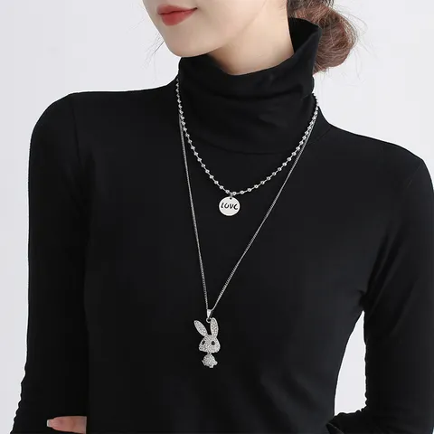Trendy Double Layer Stainless Steel Sweater Chain Necklace Rhinestone Rabbit Bear Pendant Letter Plate Jewelry For Women