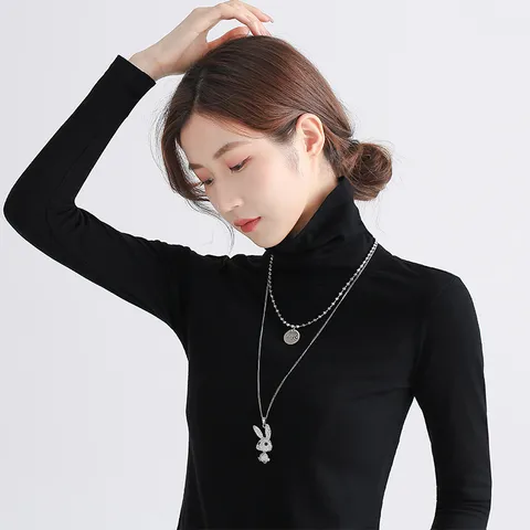 Trendy Double Layer Stainless Steel Sweater Chain Necklace Rhinestone Rabbit Bear Pendant Letter Plate Jewelry For Women