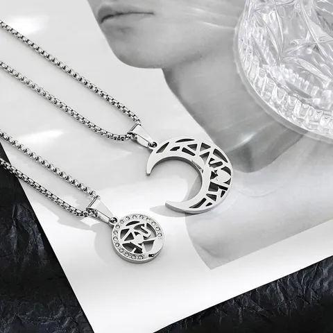 Titanium Steel Sun Moon Heart Pendant Necklace For Couples Hollow Letter Splicing Rhinestone Couple Necklace Jewelry Gift
