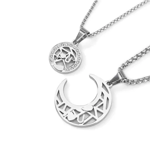 Titanium Steel Sun Moon Heart Pendant Necklace For Couples Hollow Letter Splicing Rhinestone Couple Necklace Jewelry Gift
