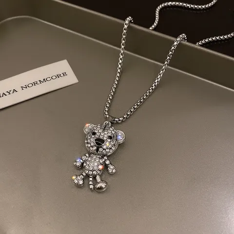 Titanium Steel Rhinestone Tiger Pendant Necklace Trendy Long Sweater Chain Silver Color Crystal Animal Necklace For Women Men Jewelry Gift