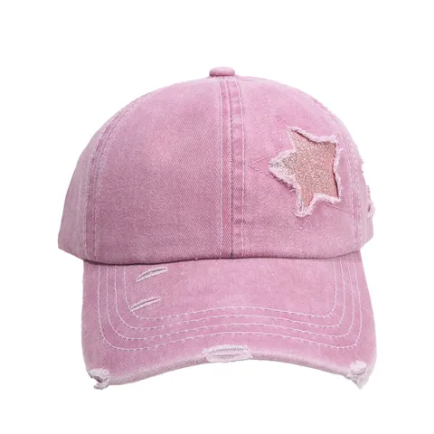 Dames Vintage Versleten Denim Honkbalpet Pailletten Ster Patch Verstelbare Casual Outdoor Zonnehoed Mode Hoofddeksel