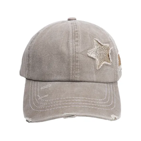 Dames Vintage Versleten Denim Honkbalpet Pailletten Ster Patch Verstelbare Casual Outdoor Zonnehoed Mode Hoofddeksel
