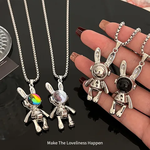 Hip Hop Mechanical Rabbit Pendant Necklace Titanium Steel Alloy Space Astronaut Chain For Men Women Punk Jewelry Gift