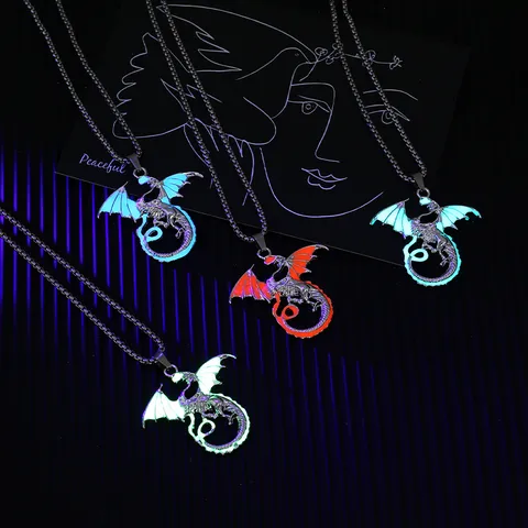 Vintage Luminous Flame Dragon Pendant Necklace Titanium Steel Chain Alloy Dragon Necklace Glow In The Dark Sweater Chain For Men Women Punk Gothic Jewelry Gift