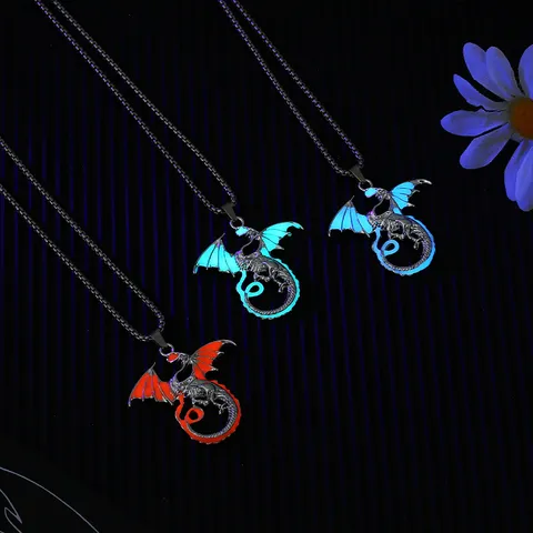 Vintage Luminous Flame Dragon Pendant Necklace Titanium Steel Chain Alloy Dragon Necklace Glow In The Dark Sweater Chain For Men Women Punk Gothic Jewelry Gift