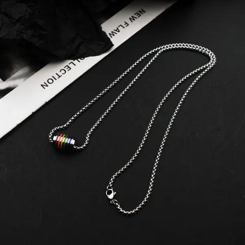 Unisex Hip Hop Rainbow Pendant Necklace Titanium Steel Colorful Striped Cylinder Drip Oil Enamel Box Chain Jewelry Gift