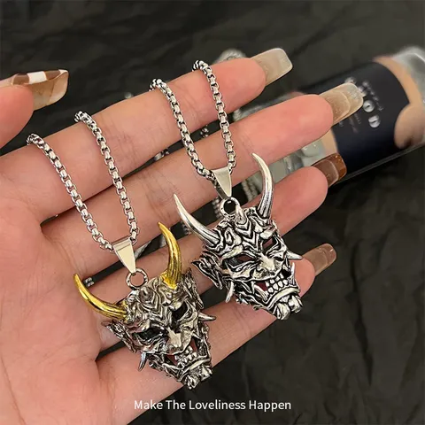 Vintage Hip Hop Titanium Steel Hannya Ghost Mask Pendant Necklace For Men Women Punk Electroplated Alloy Pendant Jewelry Gift