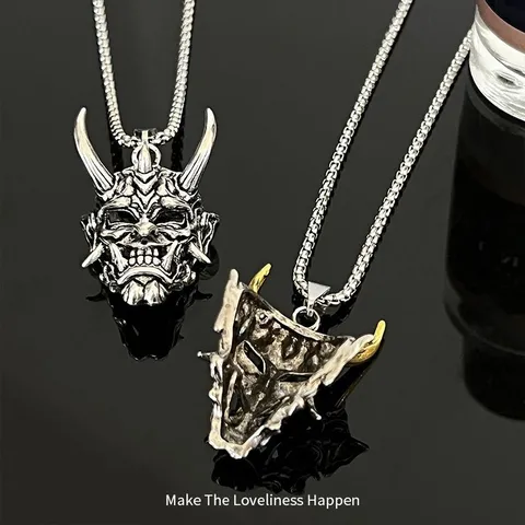 Vintage Hip Hop Titanium Steel Hannya Ghost Mask Pendant Necklace For Men Women Punk Electroplated Alloy Pendant Jewelry Gift
