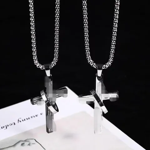 Stainless Steel Cross Pendant Necklace Hip Hop Punk Long Letter Carved Sweater Chain For Men Women Unisex Jewelry