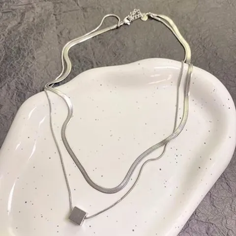 Minimalist Titanium Steel Layered Snake Chain Necklace Geometric Square Cube Pendant Choker Hip Hop Party Clavicle Chain Jewelry For Women Silver Color