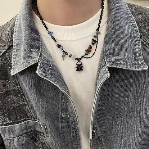 Titanium Steel Alloy Ghost Monster Pendant Necklace Spliced Chain Colored Gravel Dark Punk Clavicle Chain For Halloween Party Unisex