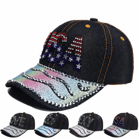 Damen Mode Denim Baseballkappe Strass Buchstabe Eingelegt Gebogener Schirm Verstellbarer Streetwear Casual Sonnenhut