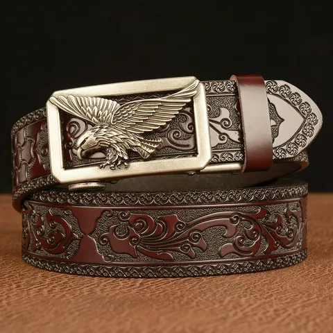 Men's Vintage Embossed Cowhide Leather Belt Automatic Buckle Retro Hollow Flying Eagle Business Casual Waist Belt
