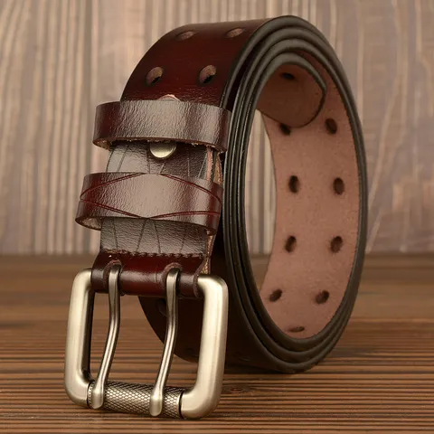 Cintura in Pelle Casual da Uomo Vintage Metallo Doppia Fibbia ad Ardiglione Pelle Bovina Cinturino per Jeans Quotidiano Moda Accessori