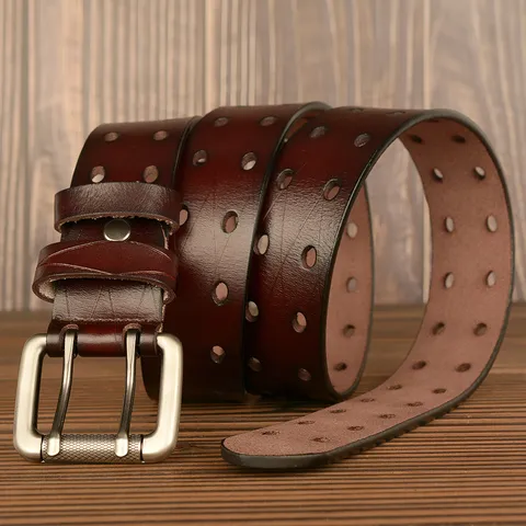 Cintura in Pelle Casual da Uomo Vintage Metallo Doppia Fibbia ad Ardiglione Pelle Bovina Cinturino per Jeans Quotidiano Moda Accessori