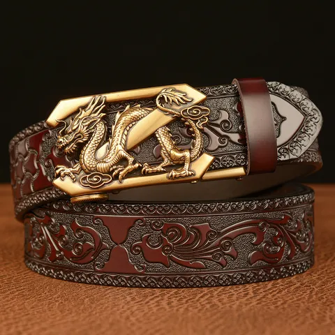 Men's Ethnic Style Cowhide Leather Belt Dragon Pattern Automatic Buckle Casual Vintage Business Pants Belt