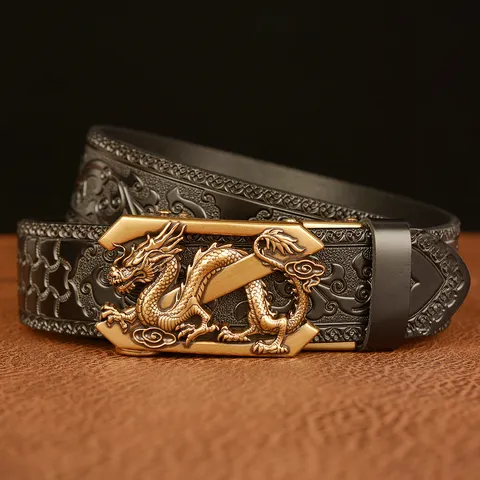 Men's Ethnic Style Cowhide Leather Belt Dragon Pattern Automatic Buckle Casual Vintage Business Pants Belt