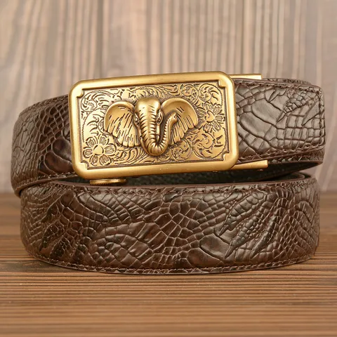 Men's Genuine Cowhide Leather Belt Automatic Buckle Vintage Elephant Embossed Crocodile Pattern Business Casual Jeans Belt