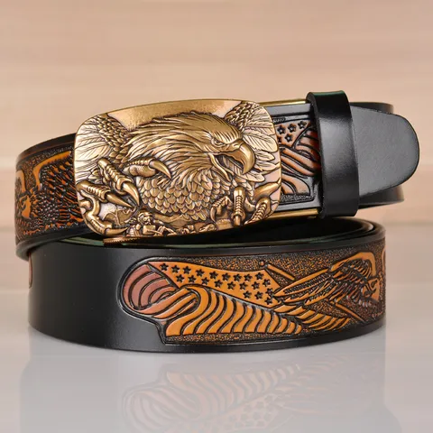 Men's Retro Genuine Leather Belt Automatic Buckle Embossed Eagle Pattern Business Casual Leather Pants Belt