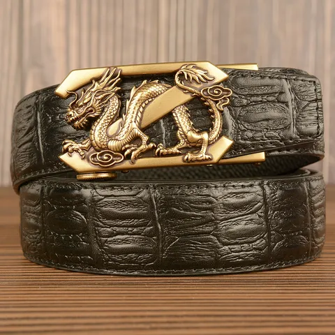 Men's Genuine Cowhide Leather Automatic Buckle Belt Vintage Dragon Metal Buckle Casual Business Jeans Belt
