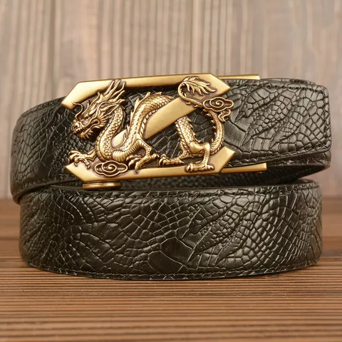 Men's Genuine Cowhide Leather Automatic Buckle Belt Vintage Dragon Metal Buckle Casual Business Jeans Belt