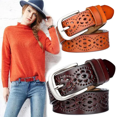 Women's Casual Cowhide Leather Belt Hollow Out Floral Cutout Metal Pin Buckle Fashion Waist Belt For Jeans Pants Dress