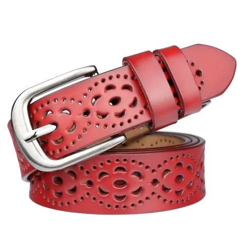 Women's Casual Cowhide Leather Belt Hollow Out Floral Cutout Metal Pin Buckle Fashion Waist Belt For Jeans Pants Dress