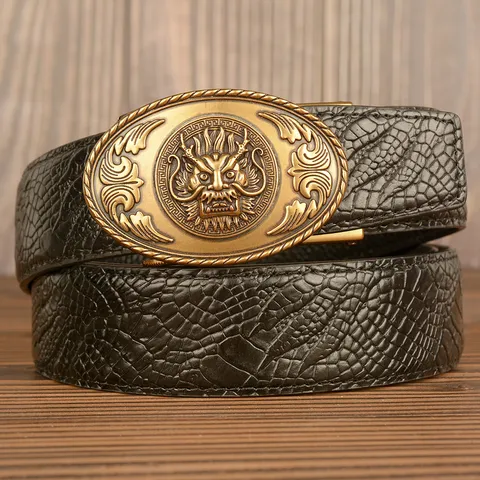 Men Leather Belt Automatic Buckle Retro Dragon Head Embossed Crocodile Pattern Business Casual Waist Belt