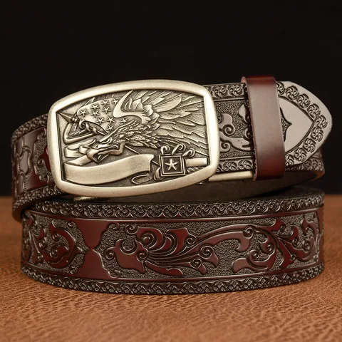 Men's Casual Cowhide Leather Belt Automatic Buckle Embossed Tanggrass Pattern Eagle Alloy Buckle Fashion Waist Belt