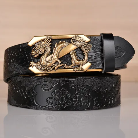 Men's Vintage Cowhide Leather Automatic Buckle Belt Dragon Embossed Casual Retro Waist Belt For Jeans And Daily Wear