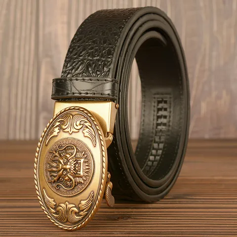 Men Genuine Leather Automatic Buckle Belt Crocodile Pattern Vintage Dragon Relief Business Casual Waist Belt