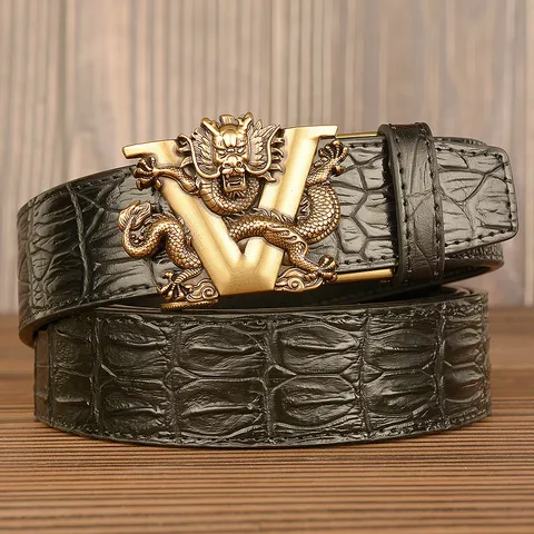 Herren Retro Krokodilmuster Rindsleder Gürtel Automatische Legierung Drache V Schnalle Mode Business Casual Taillengürtel