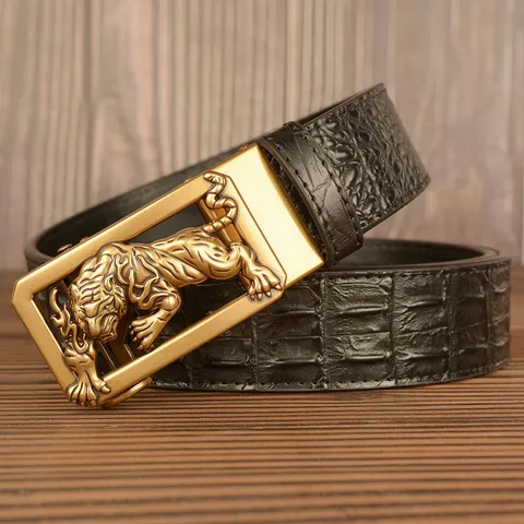 Men's Leather Belt Automatic Buckle Crocodile Pattern Business Casual Belt With Tiger Zodiac Metal Buckle