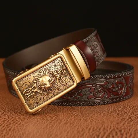 Men Casual Leather Belt Automatic Buckle Cowhide Tanggrass Pattern Carved Wolf Head Fashion Waist Strap