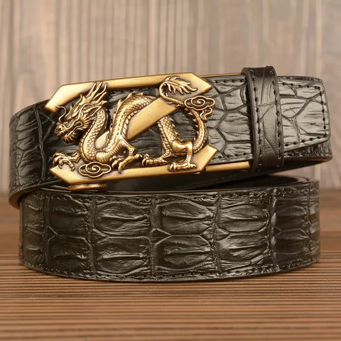 Men S Cowhide Leather Belt Automatic Buckle Crocodile Pattern Dragon Design Business Casual Fashion Waist Strap