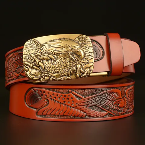 Mens Vintage Genuine Cowhide Leather Belt Casual Denim Metal Automatic Buckle Embossed Eagle Pattern Fashion Waist Belt