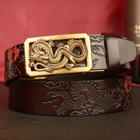 Men's Genuine Leather Automatic Buckle Belt Retro Dragon Embossed Business Casual Pants Belt Gold Silver Buckle