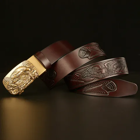 Mens Vintage Genuine Cowhide Leather Belt Casual Denim Metal Automatic Buckle Embossed Eagle Pattern Fashion Waist Belt