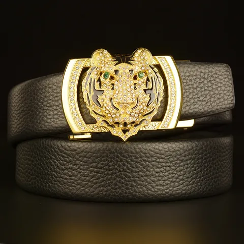 Men's Top Layer Cowhide Leather Belt Automatic Buckle Rhinestone Tiger Head Casual Business Pants Belt